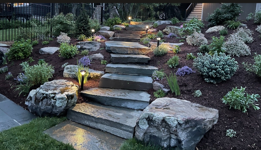 Natural stone steps with landscape lighting