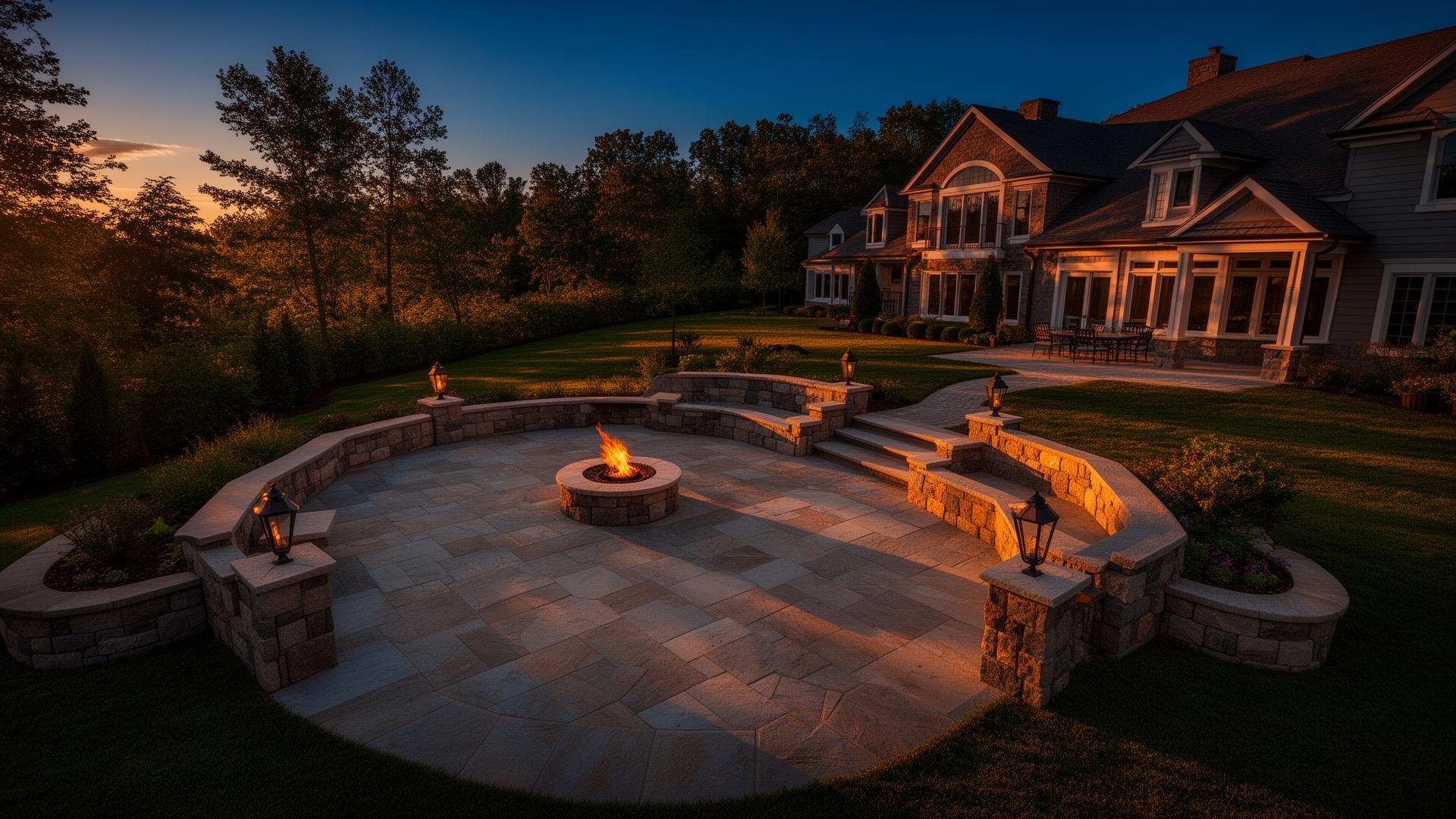 Luxury backyard hardscape project at dusk